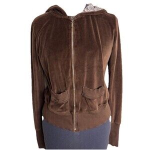 Vtg Y2K Velour Full Zip Hoodie Jacket Womens Medium LA Tree Chocolate Brown USA